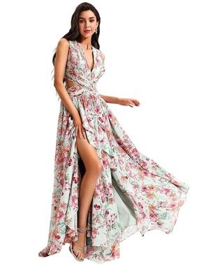 JardinVue Floral Chiffon Cutout Maxi Dress Green Pink Corset Back Size L